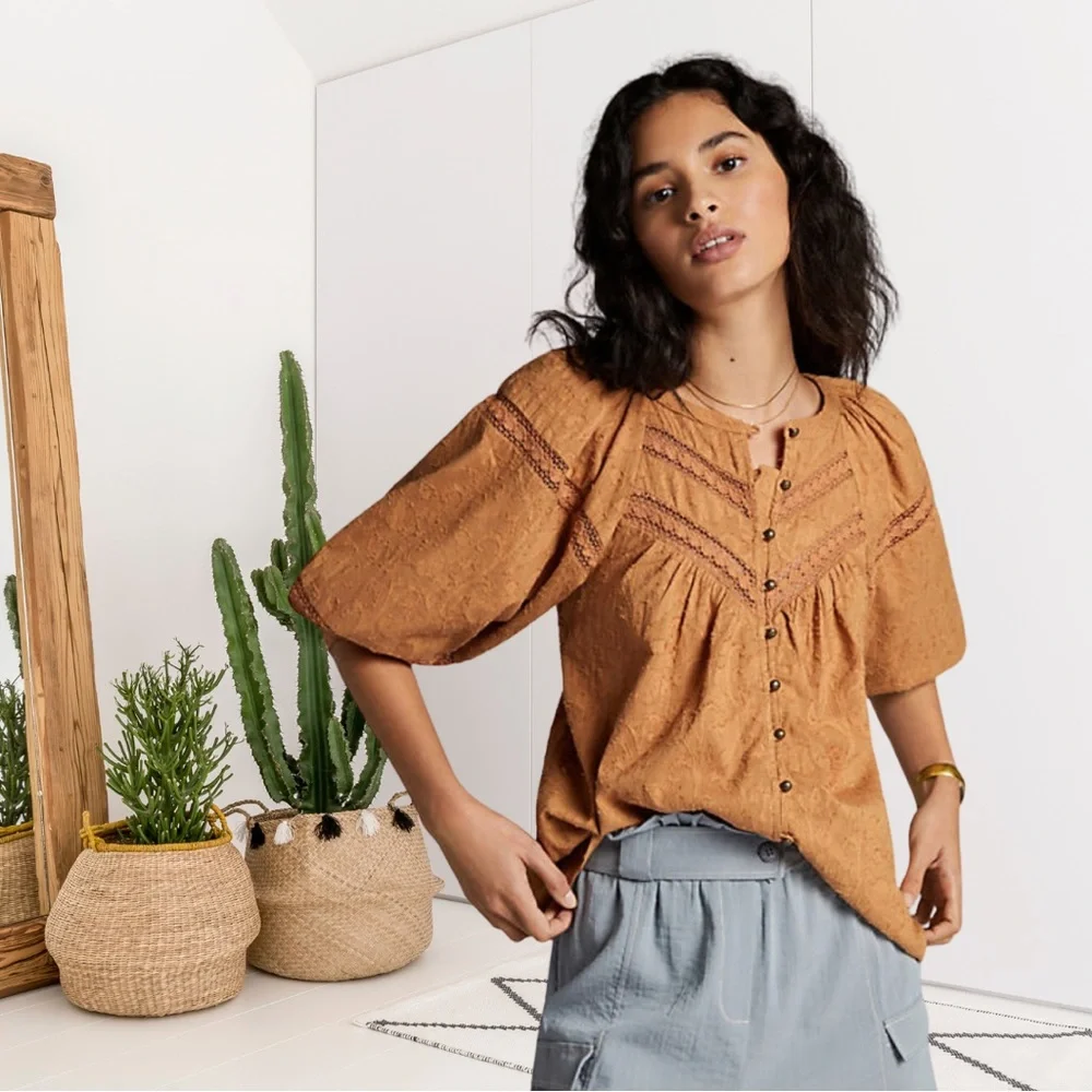 By Anthropologie Harmony Button Down Front Crochet Inset Puff Sleeve Top